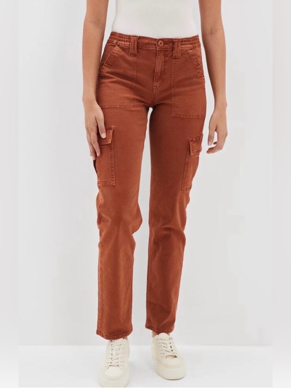 American Eagle Women’s Stretch High Rise Cargo Pants Sz 8 Rust Burnt Orange EUC